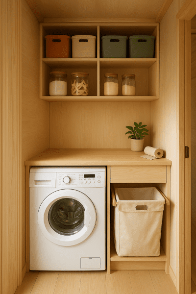 Compact washer dryer combo in a tiny home cabinet with modular shelves, bins, and a pull-out hamper.