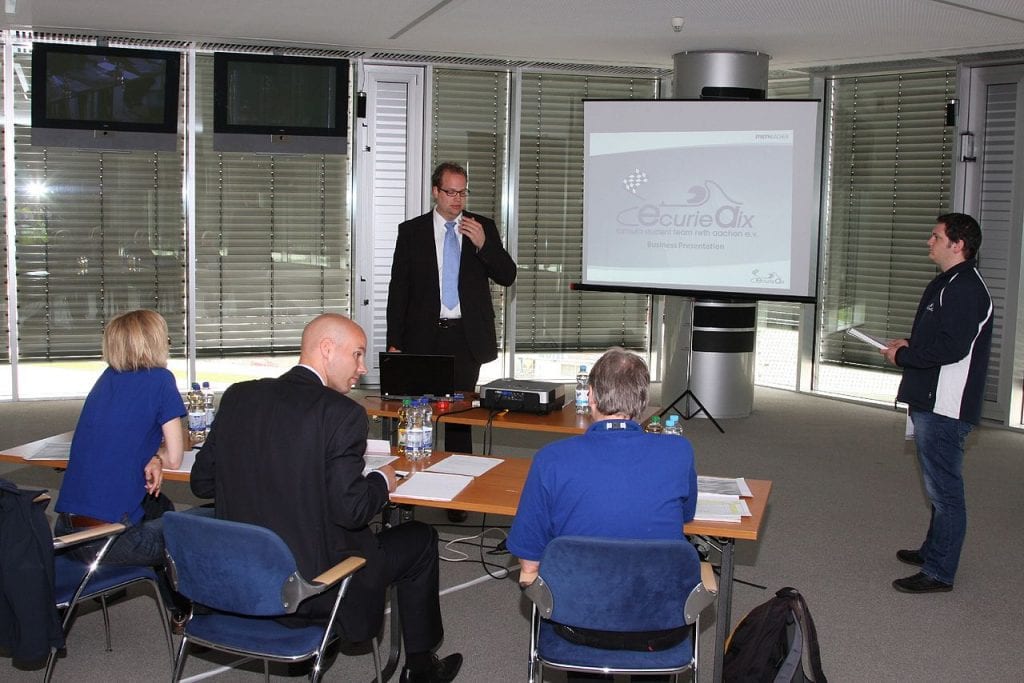 A business presentation using a portable projector.