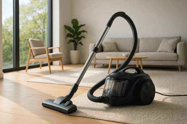 A canister vacuum with visible HEPA filter cleans hardwood and carpet in a bright, airy room with Scandinavian decor.