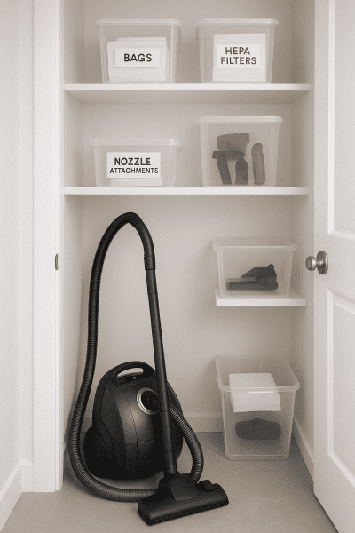Utility closet with an organized display of vacuum bags, filters, and attachments in labeled bins, hose hung on a hook.