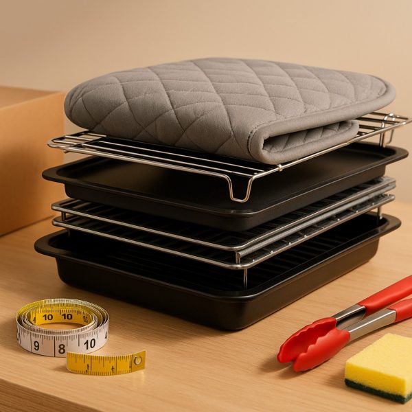 Studio tabletop of Electric range accessories including broiler pan, griddle, and dishwasher-safe rack for easy cleaning.