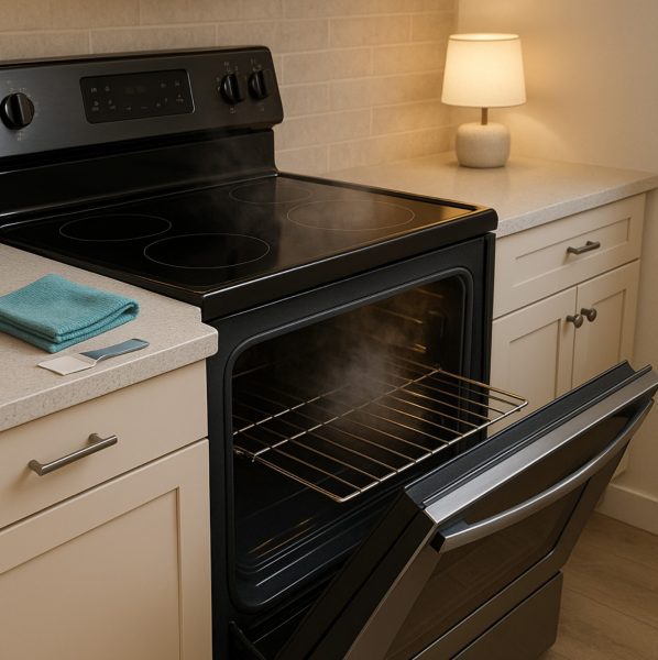 Clean 3D exploded view of electric range cooktop layers showing ceramic glass, stainless steel frame, and metal handle materials.