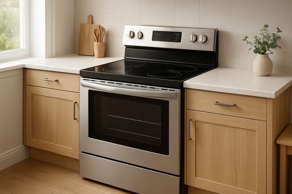 Minimal kitchen featuring electric range with ceramic glass cooktop, radiant elements, and convection oven for balanced performance.