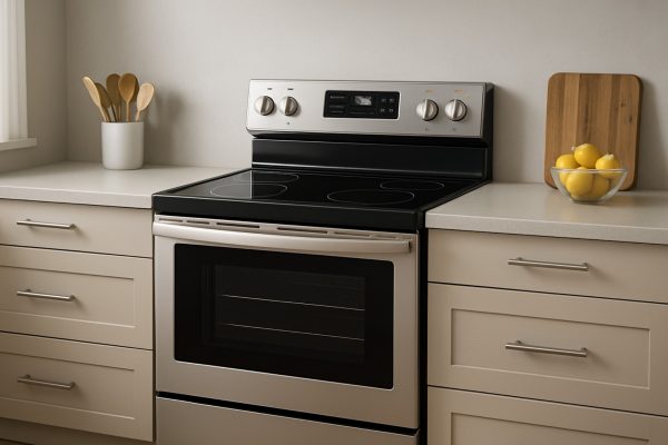 Open-oven scene of electric range highlighting steam-clean cycle, dishwasher-safe oven racks, and gentle cooktop care with microfiber.