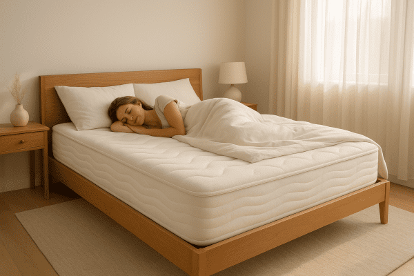 A woman sleeping on her side on a plush, supportive mattress in a softly sunlit modern bedroom.