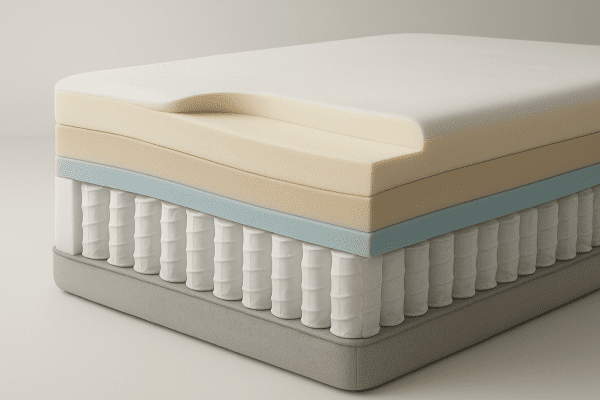 Cross-section of a premium mattress showing memory foam and hybrid support layers for side sleepers.