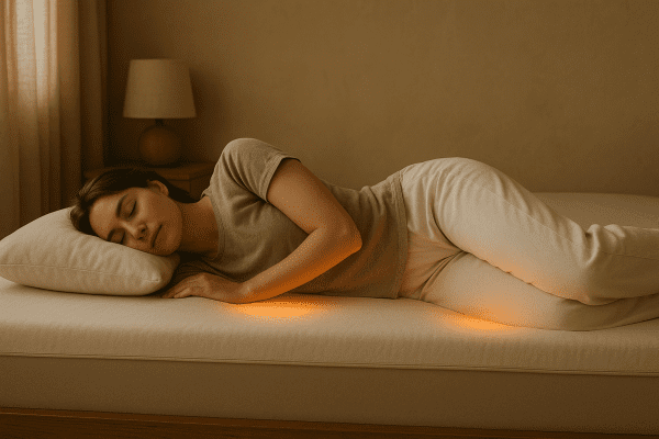 A person lying on their side on a mattress with visual highlights showing pressure relief areas.