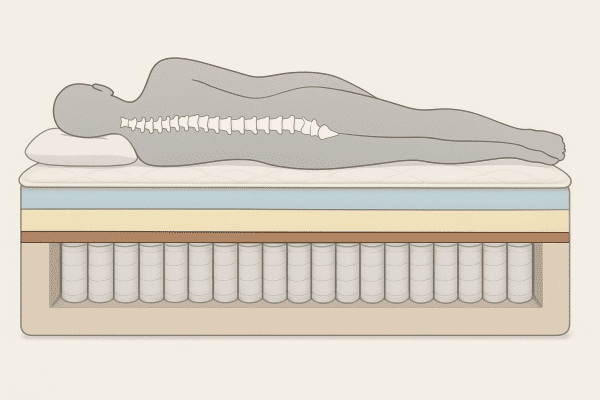 Realistic mattress cutaway diagram with support layers and side sleeper outline showing straight spine.