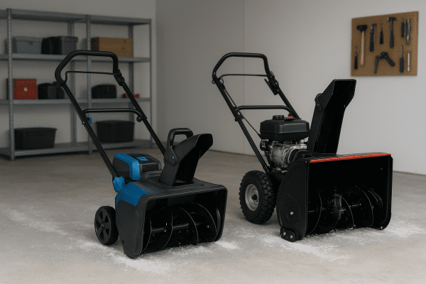Electric and gas snow blowers contrasted in a spotless garage with light snow dusting.