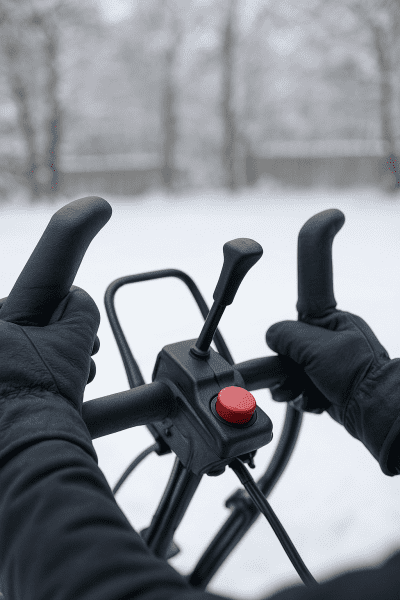 Macro of snow blower handles, gloved hands, visible safety and control features.