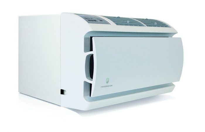 A small window air conditioner can be put on their sides for shipping. However, it should never be installed sideways.