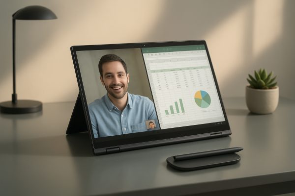 A convertible touchscreen laptop sits on a home desk, showing windows screen features for work, gaming, business, students, and tech products.