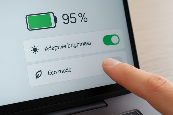 A user adjusts battery settings on a touchscreen laptop, managing power, performance, privacy, system information, display options, and device safety.