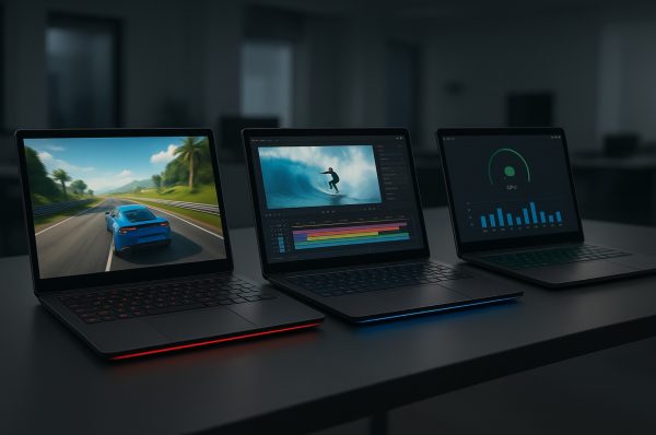 Three touchscreen laptops run performance tests demonstrating intel core processors, graphics, ram, ssd storage, software features, gaming capability, and business work tools.
