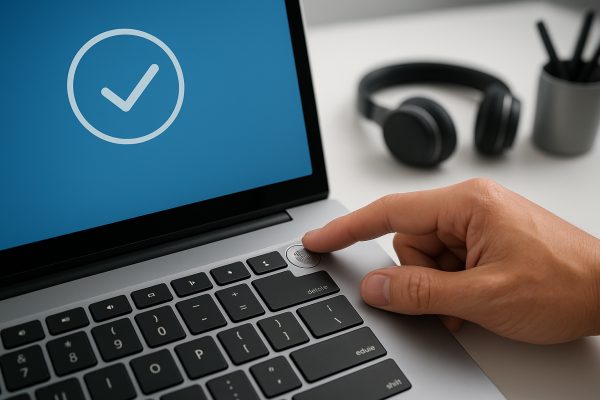 A user unlocks a touchscreen laptop with a fingerprint sensor, protecting privacy, data, accounts, business information, and overall device security.