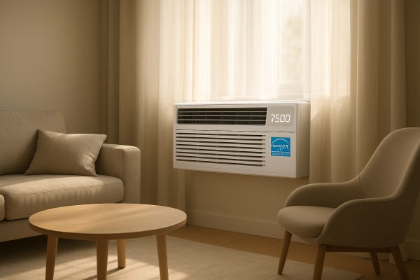 A modern house living room features a window air conditioner, appliances, windows, cooling, energy star, BTU, heating, and air quality.