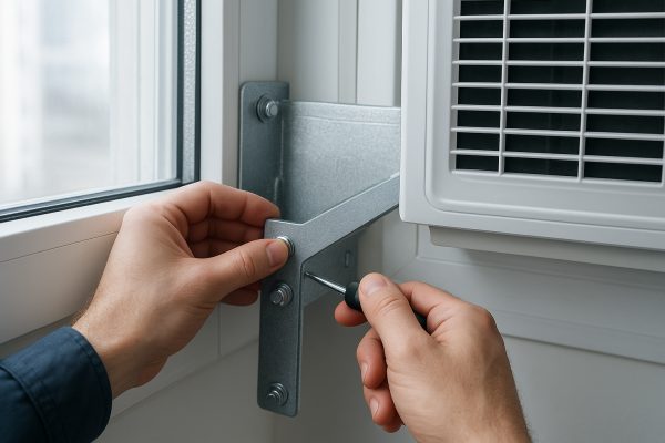A technician uses tools to install a window air conditioner, improving hvac, space, warranty, energy star, heat pump, and cooling.