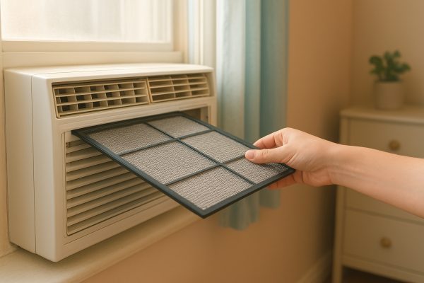 A customer removes a filter from a window air conditioner, maintaining air quality, laundry, water, cooling, appliances, acs, and heating.