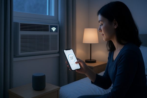 A person uses wifi on a smartphone to control a window air conditioner, enhancing house comfort, inverter, air quality, heating, and acs.