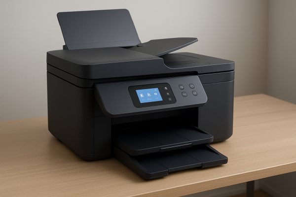 Modern all-in-one device with open scanner lid, document feeder, and control panel on display.