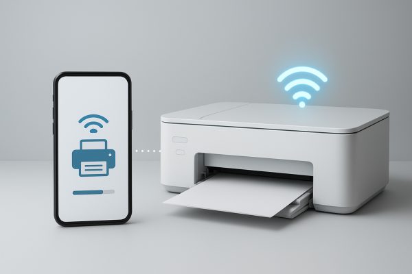 Smartphone displaying printer app next to a Wi-Fi enabled all-in-one printer.