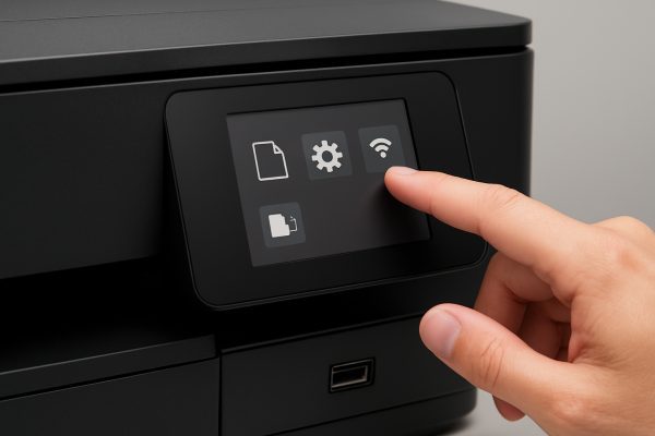 User hand interacting with a printer's LCD touchscreen and visible USB port.