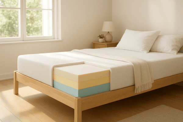 A budget mattress with exposed memory foam and support foam layers on a wooden bed in a sunlit, neat bedroom.