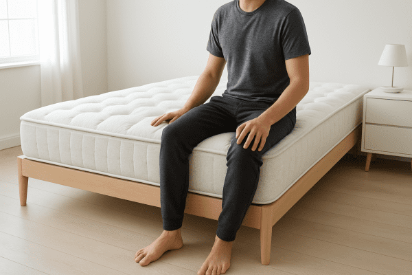 Person sits on edge of a budget mattress with plush topper, showing strong edge support in a bright bedroom.