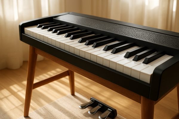 Extreme close-up of electric piano keys, chrome pedals, and soundboard in sunlit living room.