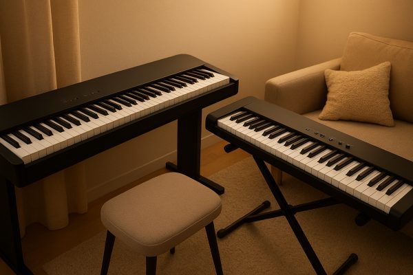 Two weighted-key electric pianos side-by-side in a cozy home studio setting.