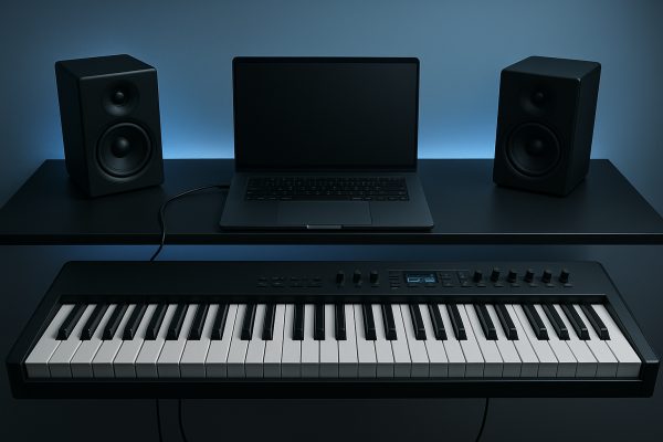 Electric piano, laptop, and studio monitors on a minimalist floating desk for music production.