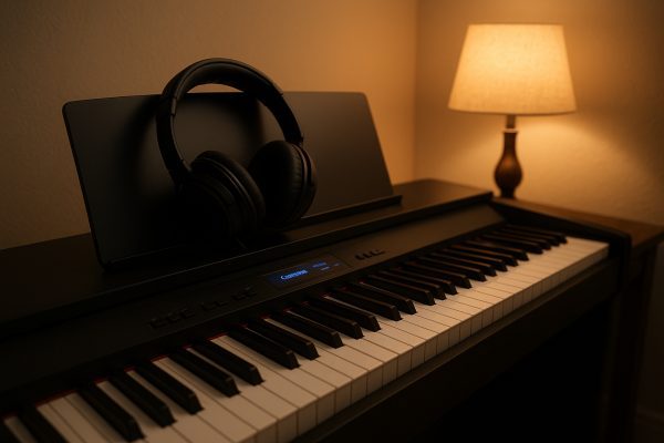 Digital piano with over-ear headphones and active polyphony settings in a softly lit study.