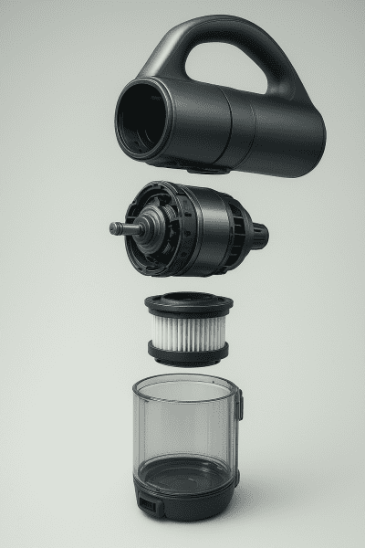 Exploded diagram of a HEPA vacuum, with technical parts floating in alignment.