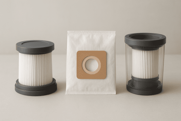 Three types of HEPA vacuum filters cartridge, bag, dustbin side by side on a seamless background.