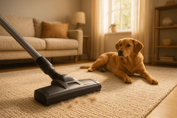 HEPA vacuum removing pet hair with a content dog in a sunlit, tidy living room.