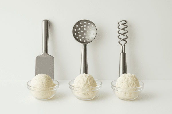 Three ice cream paddles and glass dishes of ice cream, each showing different textures, on a white counter.