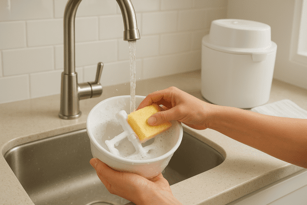 Hands washing ice cream maker bowl and paddle in a sink, with the main unit and towel nearby.
