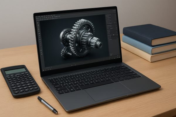 A high-spec engineering laptop open on a modern desk, with modeling software and engineering tools.