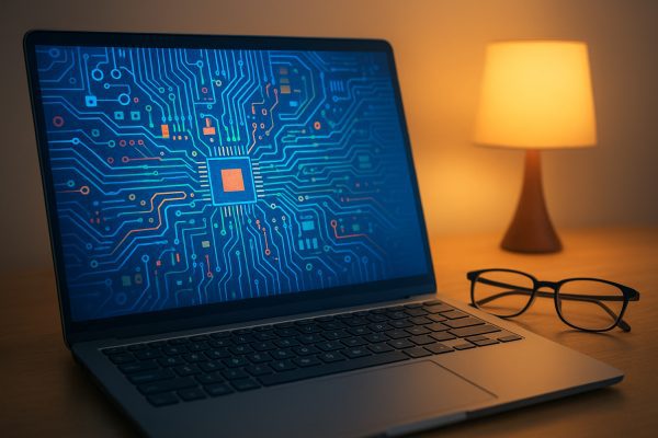 Close-up of a high-res laptop screen with blue light filter and glasses nearby.