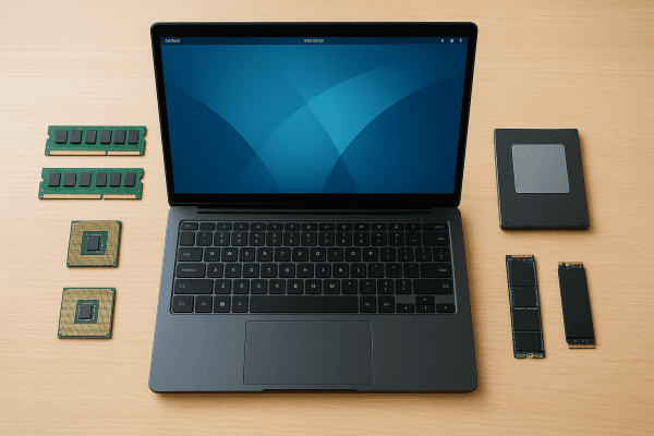 Linux laptop and hardware components on a light wood desk, arranged in geometric patterns.