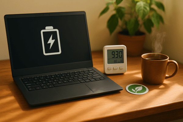 Unplugged Linux laptop, digital power meter, eco sticker, mug, and plants in soft sunlight.