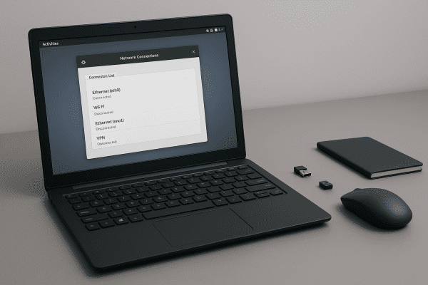 Linux laptop with network card and Bluetooth dongle on a gray desk, network panel open.