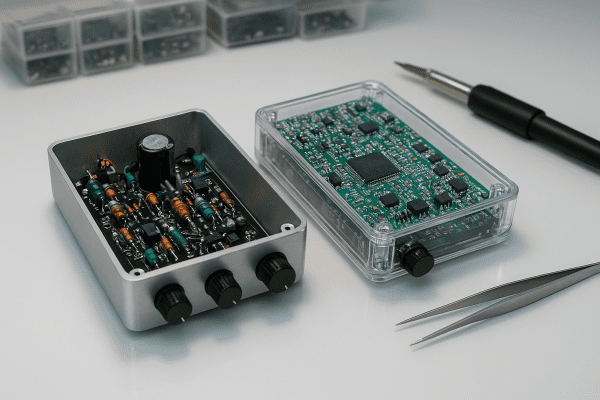 Analog and digital mini amplifiers with exposed inner workings on a clean, glass-topped workbench with soldering tools.