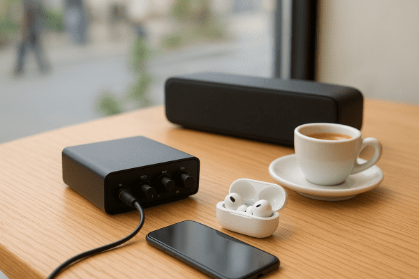 Portable mini amplifier connected to a smartphone, with wireless earbuds and a Bluetooth soundbar on a cafe table.