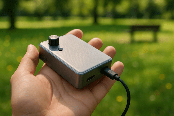 A pocket-sized mini amplifier is held in a hand outside, with battery compartment and USB-C cable visible, park in background.