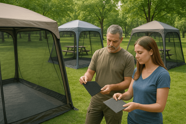 Campers comparing mesh and frame samples for screen tents in a leafy park setting.
