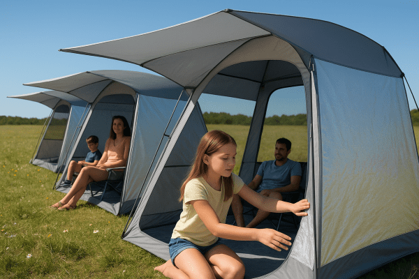 Screen tents with UPF fabric awnings providing shade, adults and kids relaxing inside.