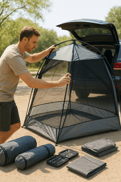 Camper quickly assembling a portable screen tent, travel bags and car trunk visible.