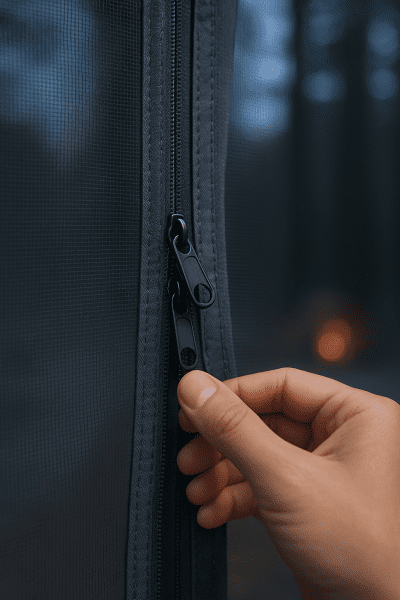Macro of tent zipper and mesh, hand closing bug-resistant entry at a forest campsite.