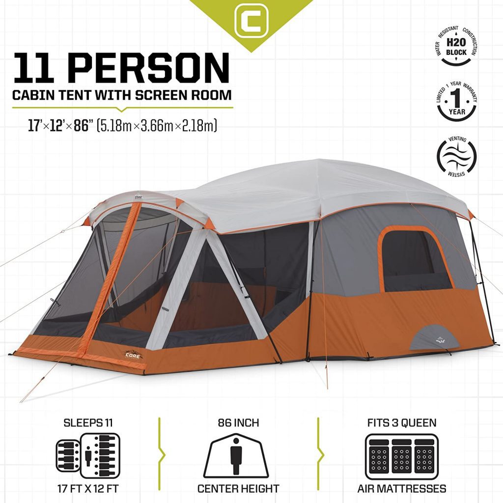 Core Cabin Best Screen Tent 11 person capacity. The screen tent measures 17x12x86 inches